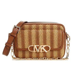 NWT Michael Kors Park Medium Chain Swag Striped Straw Camera Crossbody Bag